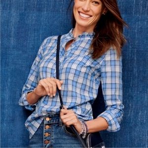 Talbots Plaid Ruffle Neck Popover Blouse, Size MP, NWT
